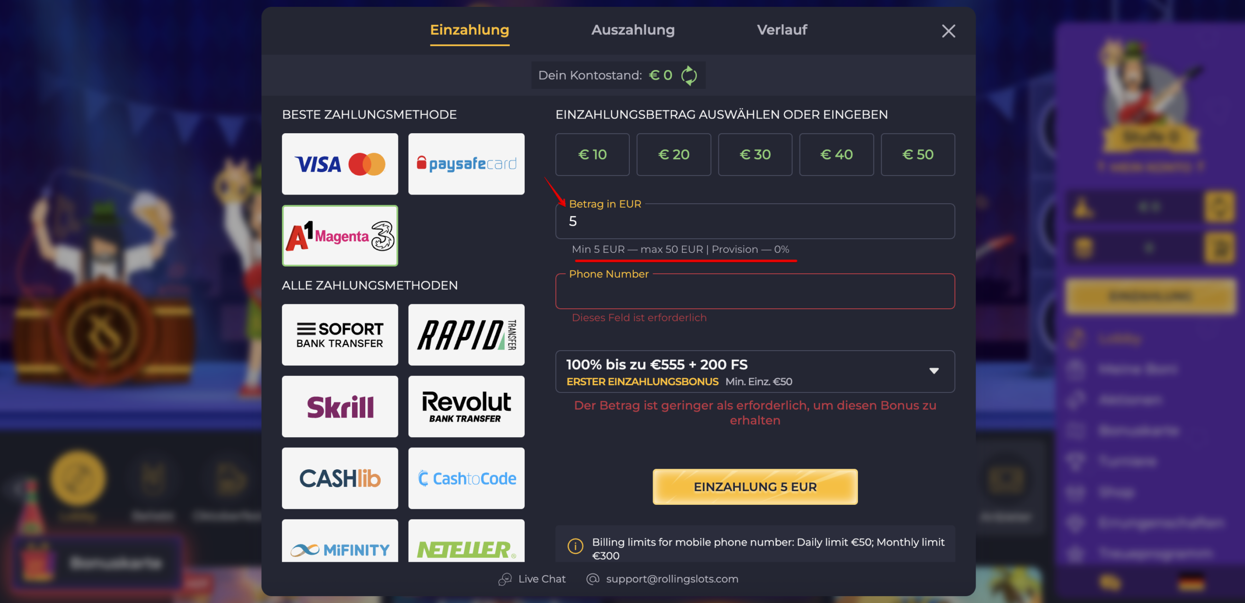 Rolling Slots Casino PaysafeCard